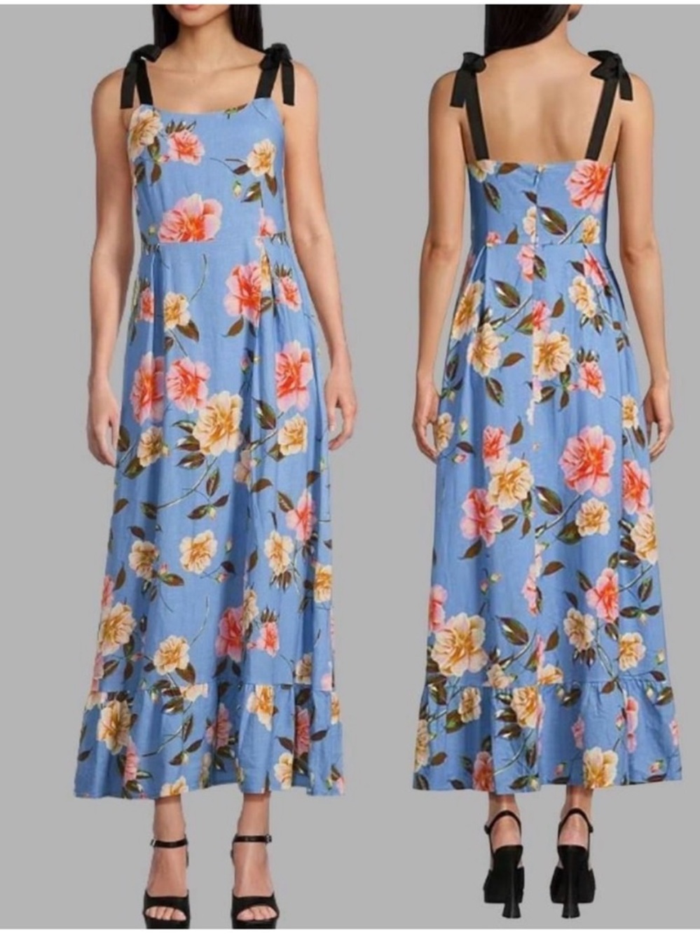 Gianni Bini Blue Floral Tie-Shoulder Maxi Dress